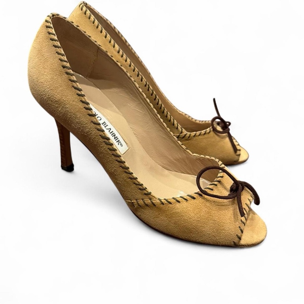 Vintage Manolo Blahnik Suede Peep Toe High Heels Camel 38.5 - Picture 2 of 12